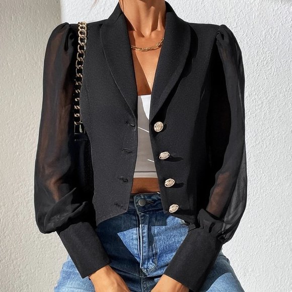 black Mesh Bishop Sleeve Shawl Collar Blazer - Picture 5 of 6